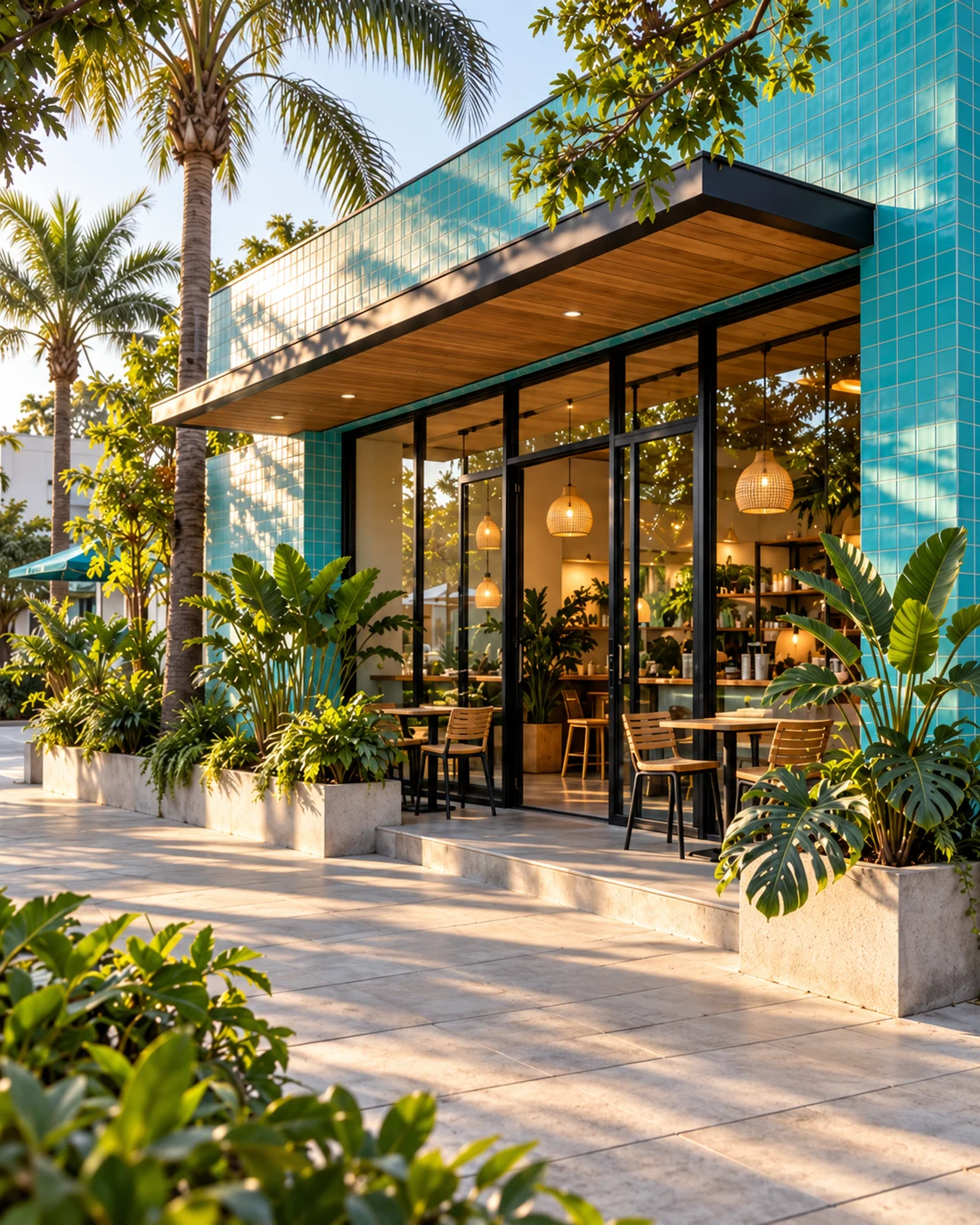Fachada de cafetería con plantas e iluminación cálida, ilustrativa de un comercio local visible.