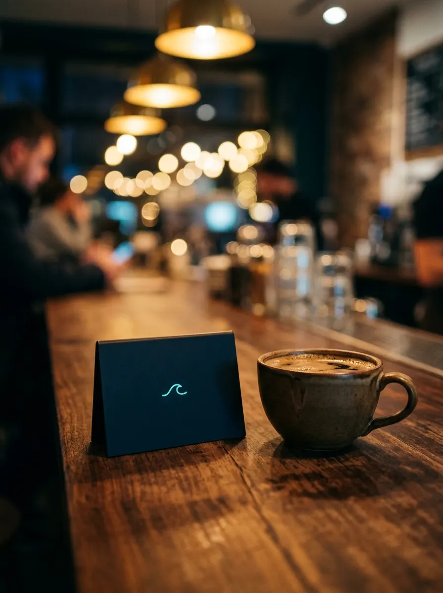 Mostrador de una cafetería con un soporte de tarjeta para reseñas junto a una taza de café